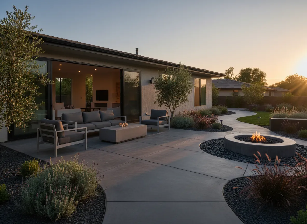Concrete patio with outdoor furniture and landscaping